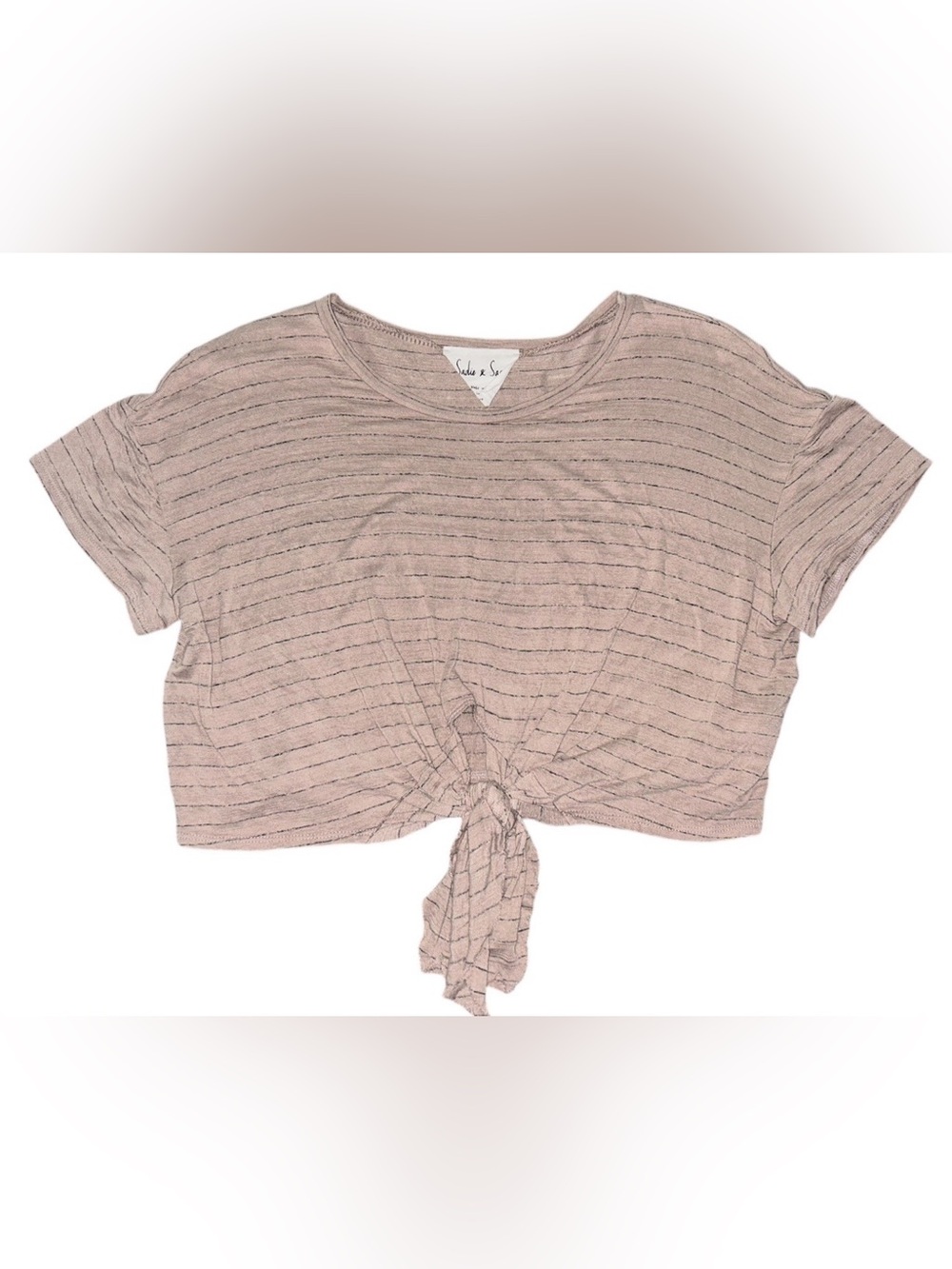 Sadie & Sage Anthropologie Beige Striped Short Sleeve Cropped Shirt Size Small